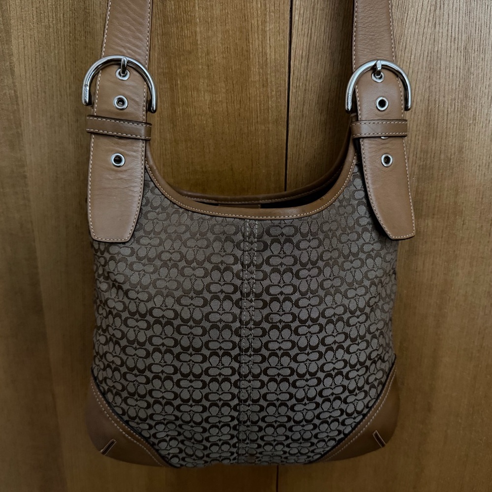 Coach Signature Jacquard & Leather Hobo Shoulder/Crossbody Bag Brown Tan 6386 - Picture 13 of 16